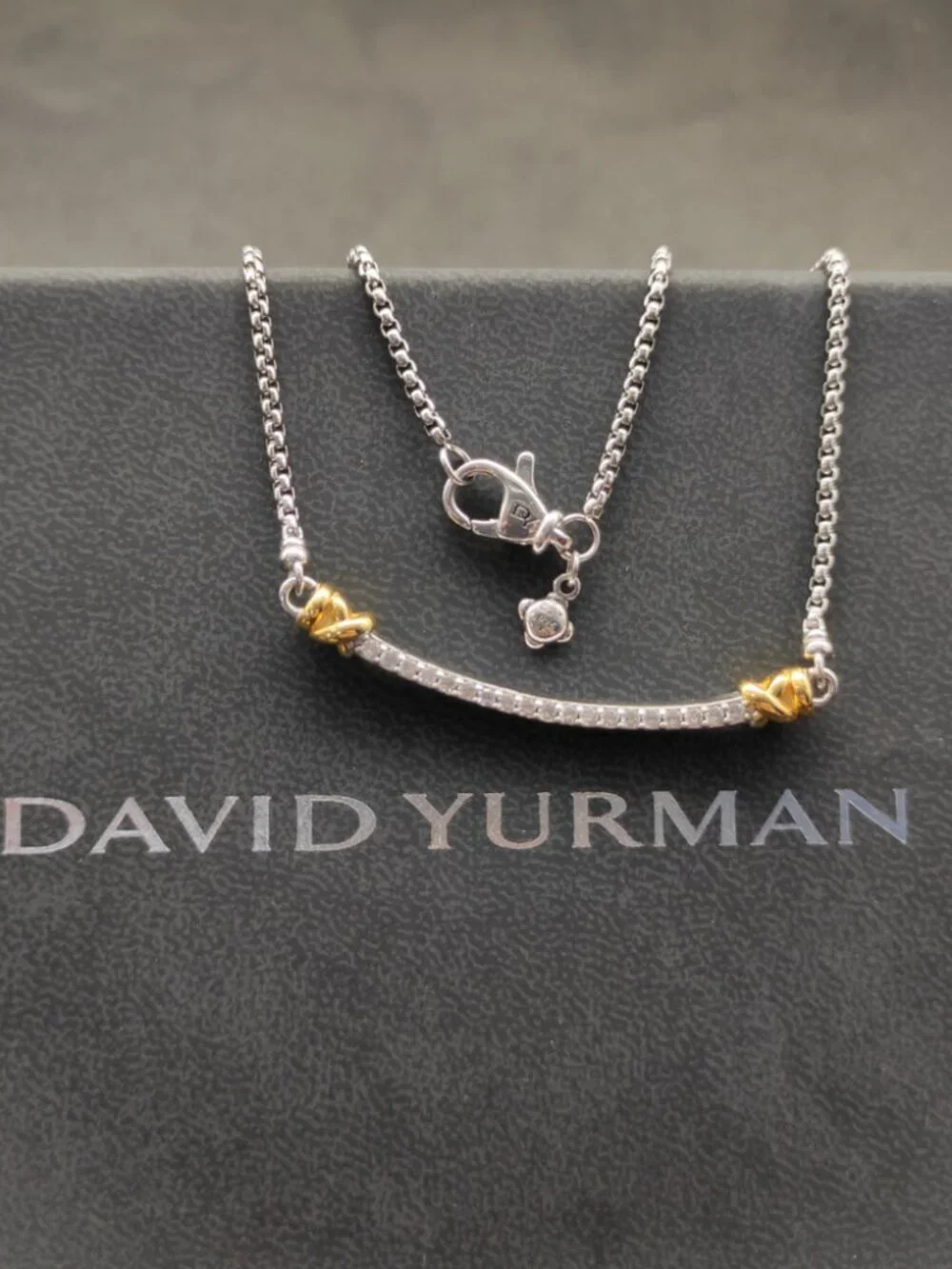 David Yurman Two-Tone Diamond Curved Bar Necklace in Silver and Gold
